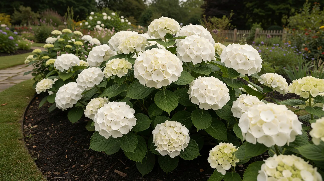 The image features lush hydrangea shrubs adorned with large white blooms, set against a vibrant garden backdrop. These low maintenance flowering shrubs thrive in full sun and are ideal for front yard landscaping, offering seasonal interest with their showy flowers and dense foliage.