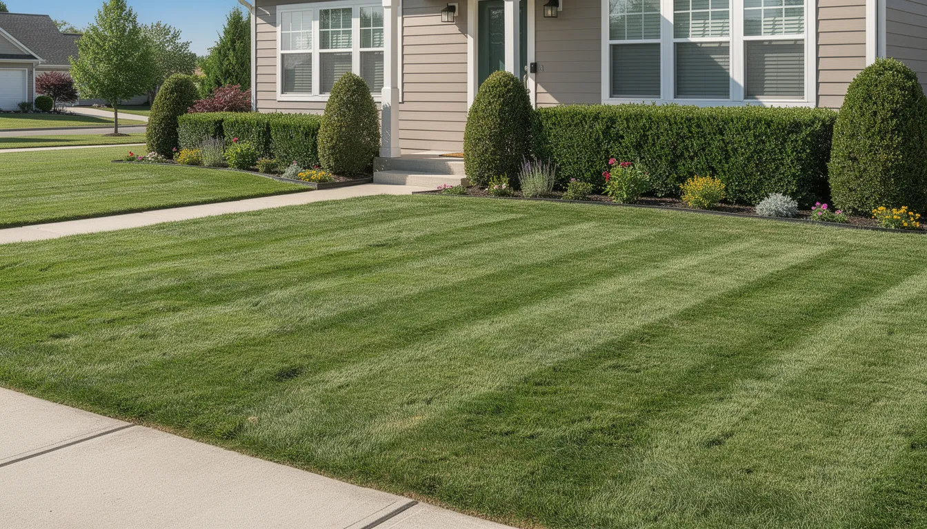 The image depicts a well-maintained residential front yard featuring a lush, green lawn and neatly