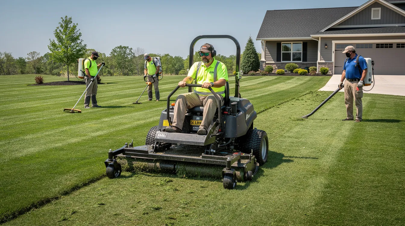 A professional landscaping crew is shown mowing a large, healthy green lawn using a commercial riding mower, demonstrating efficient lawn care services. The scene captures the team focused on maintaining the property, ensuring a beautiful lawn through expert lawn maintenance techniques.