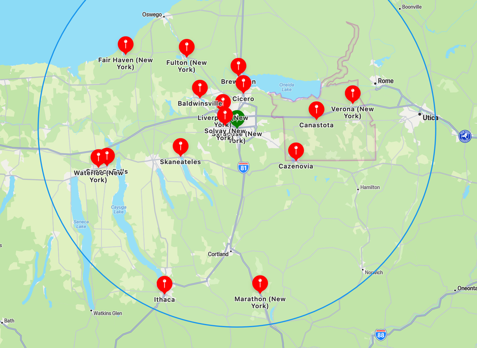 a map of a city with red dots on it