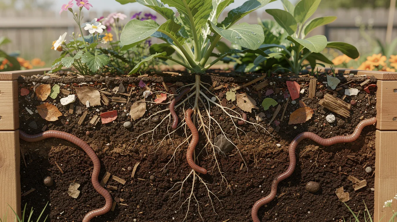 Cross-section of soil with plants and visible earthworms beneath the roots