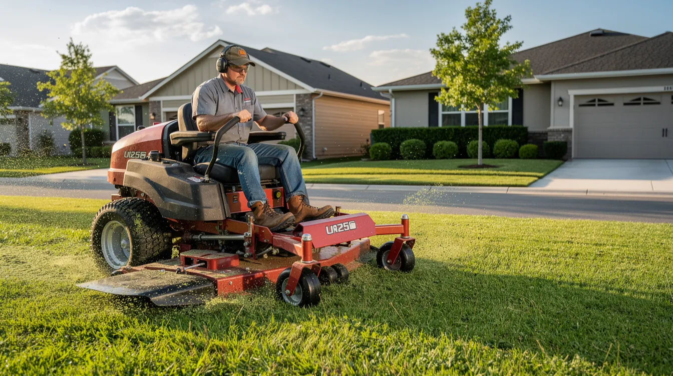 Man mowing a suburban lawn on a red riding mower in front of houses