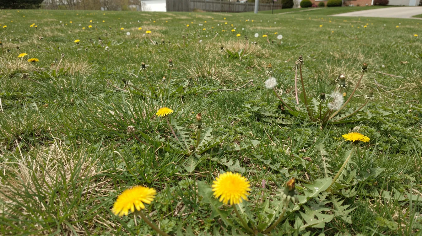 Yellow dandelions and white seed heads in a grassy lawn near a building