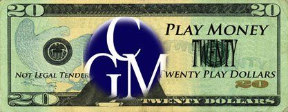 A blue logo over a play money twenty dollar bill. Text says