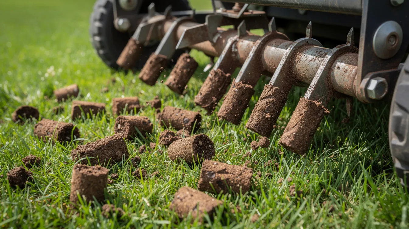 Lawn aerator tines pulling soil plugs from green grass in a yard