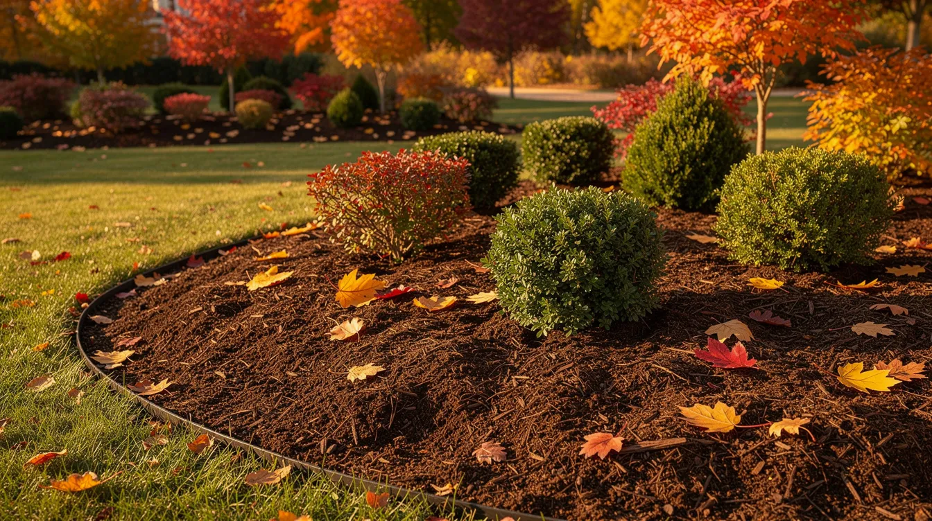 The image depicts garden beds adorned with fresh brown mulch surrounding vibrant shrubs, set against a backdrop of autumn leaves. This scene highlights the importance of fall lawn care services in preparing landscape beds for the winter season, ensuring proper fertilization and maintaining healthy grass growth as temperatures drop.
