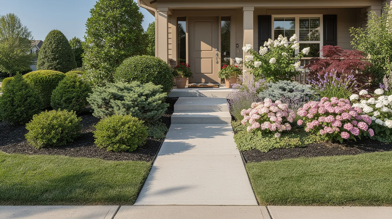 Front walkway to a tan house with manicured shrubs and pink flowering bushes in the front yard
