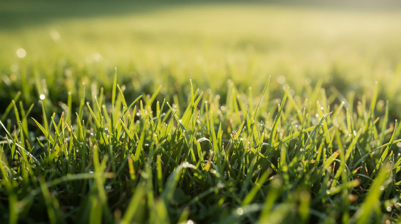 A close-up view of thick, vibrant green grass blades showcases a healthy lawn basking in sunlight, indicative of ideal growing conditions. This lush grass, possibly Kentucky bluegrass or tall fescue, reflects effective lawn care practices and regular mowing, contributing to a beautiful and well-maintained yard.