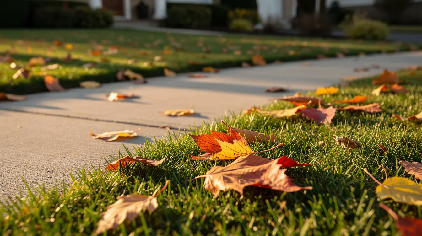 The image depicts a beautiful green lawn scattered with vibrant autumn leaves, situated next to a residential walkway. This scene highlights the importance of lawn care and maintenance, showcasing the seasonal changes in outdoor spaces.