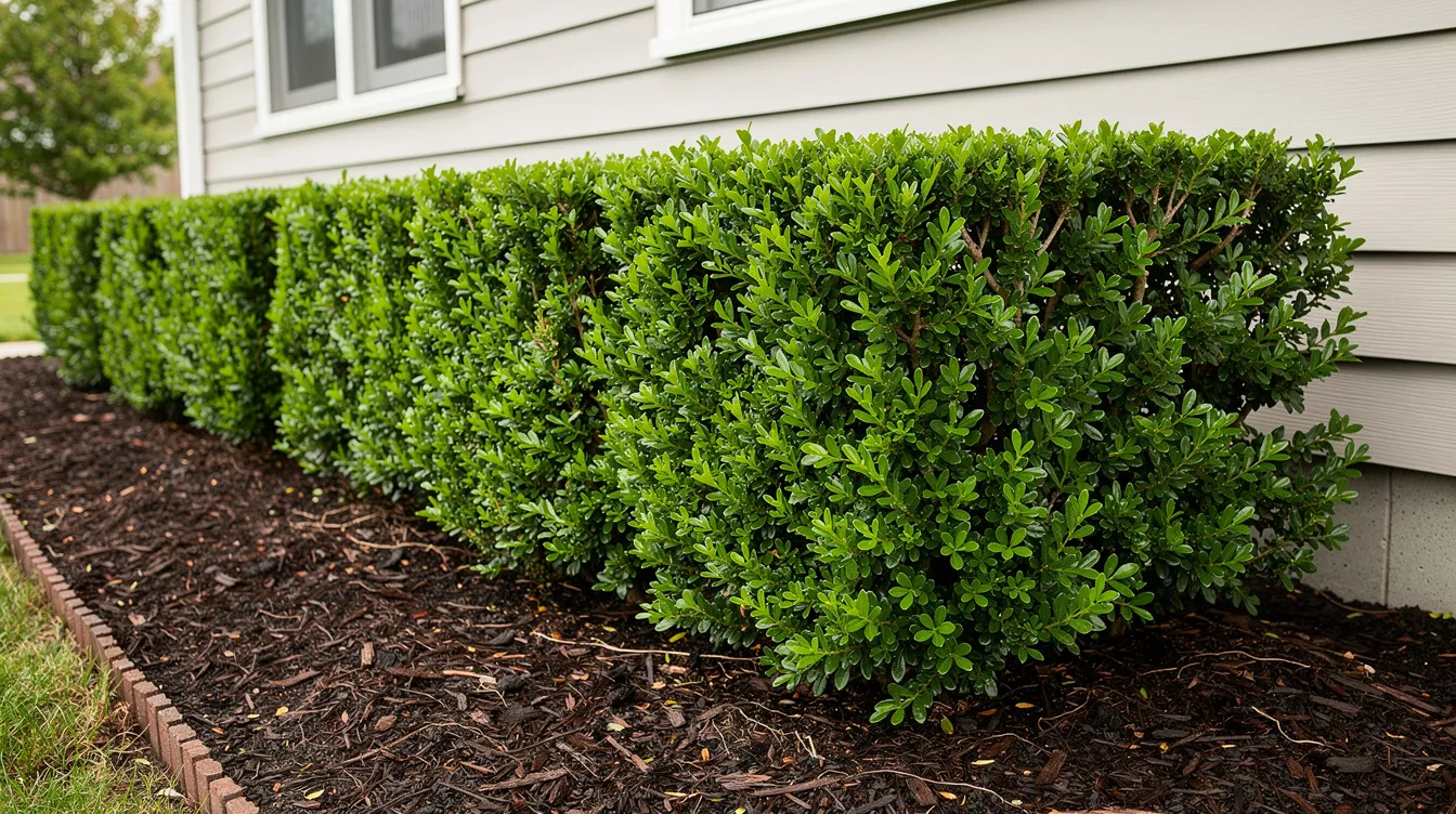 The image features a neatly trimmed boxwood hedge with dense, dark green foliage, positioned along the foundation of a home, enhancing the front yard landscaping. This low maintenance shrub provides a tidy shape and contributes to the curb appeal of the property.