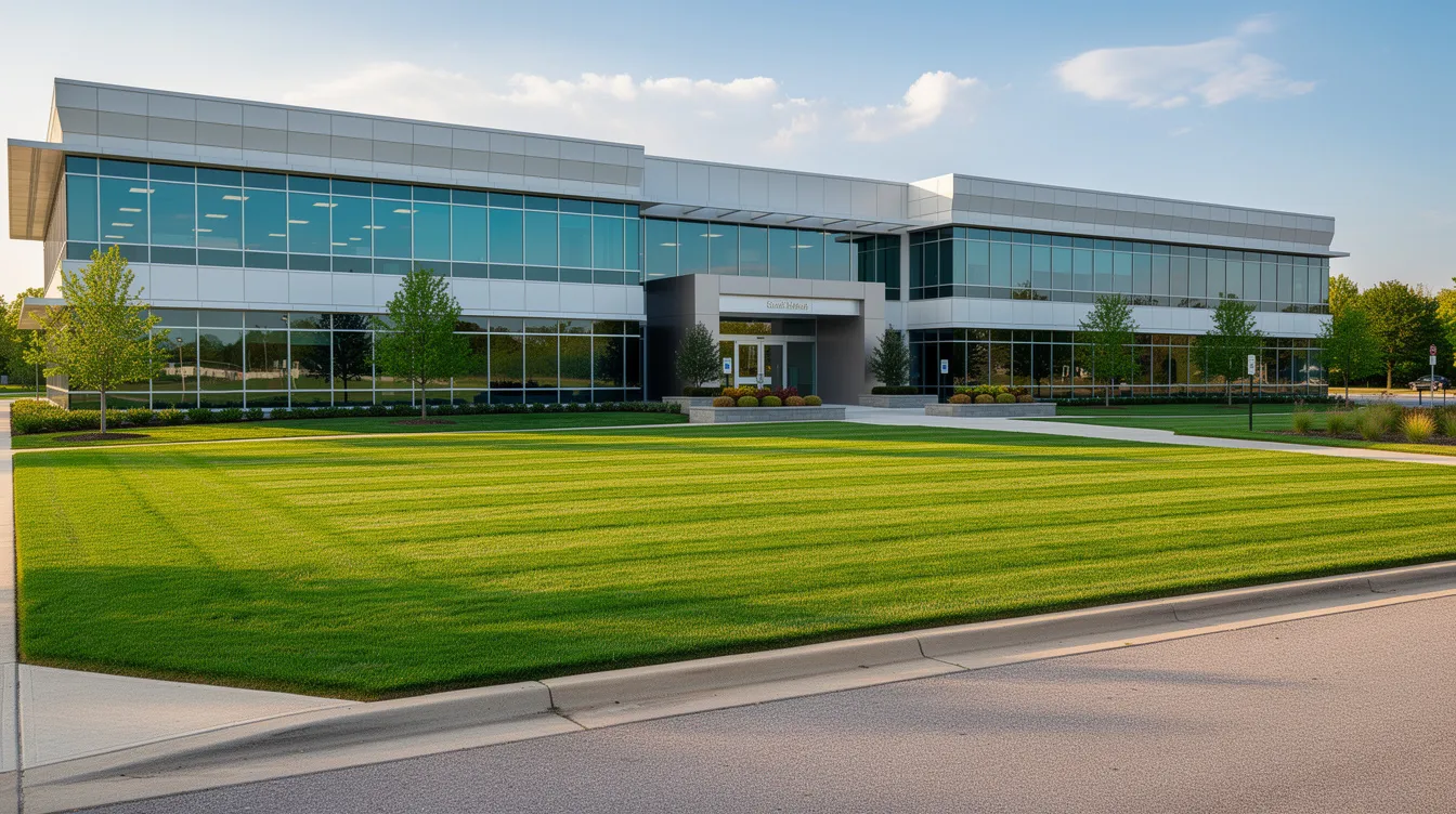 The image shows a wide commercial lawn in front of a modern office building, featuring healthy, gree