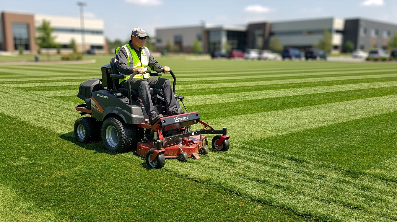 A professional ride-on mower is actively cutting grass on a large green commercial property, showcasing the efficiency of commercial lawn care services. The lush, healthy lawn highlights the importance of regular maintenance for enhancing curb appeal in commercial landscaping.