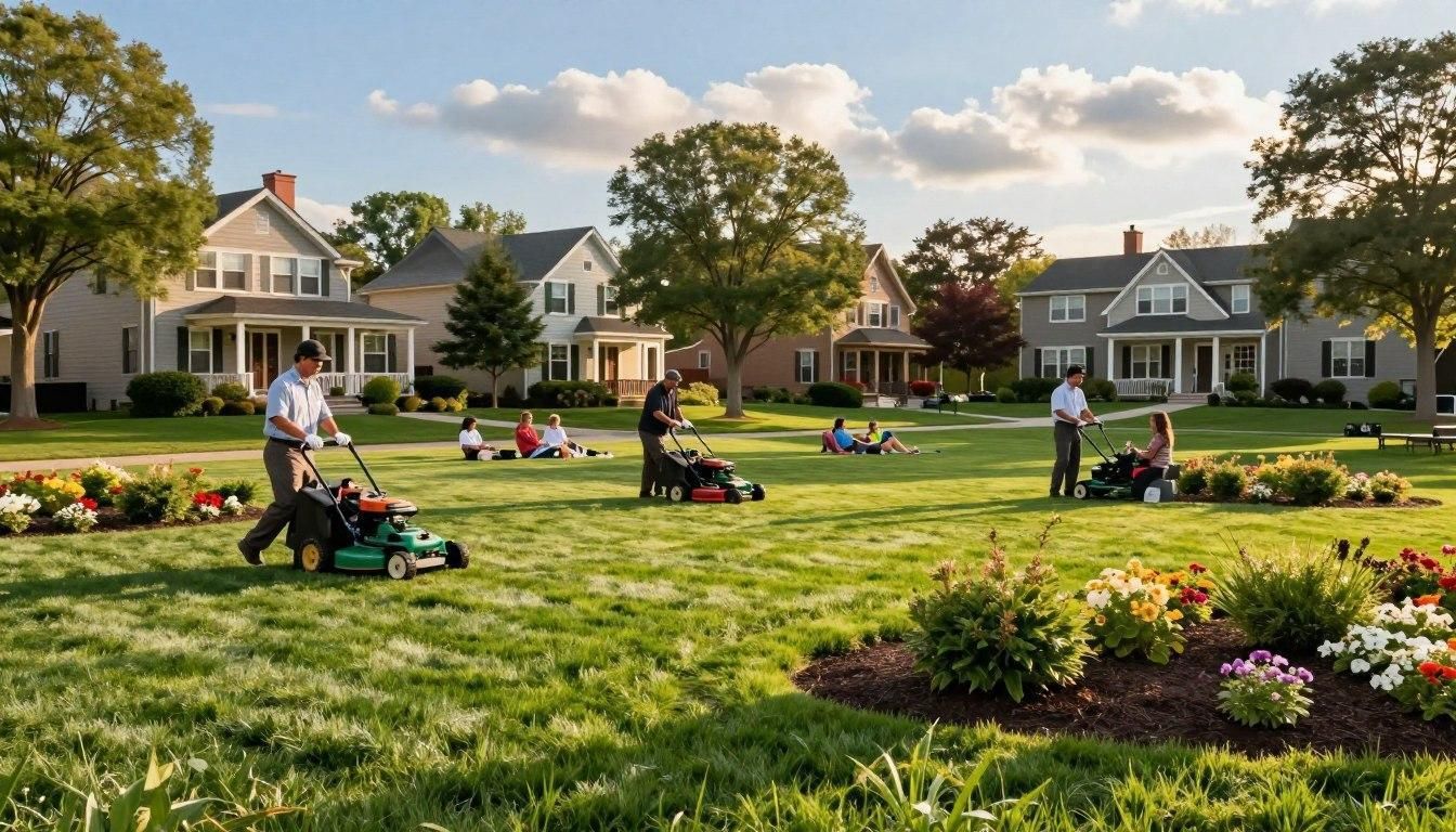 People mowing a lawn in front of several houses. Other people sit and relax on the grass. Sunny day.