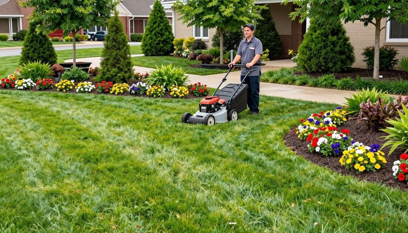 Man mowing a lush green lawn in front of a home with flower beds and trees.