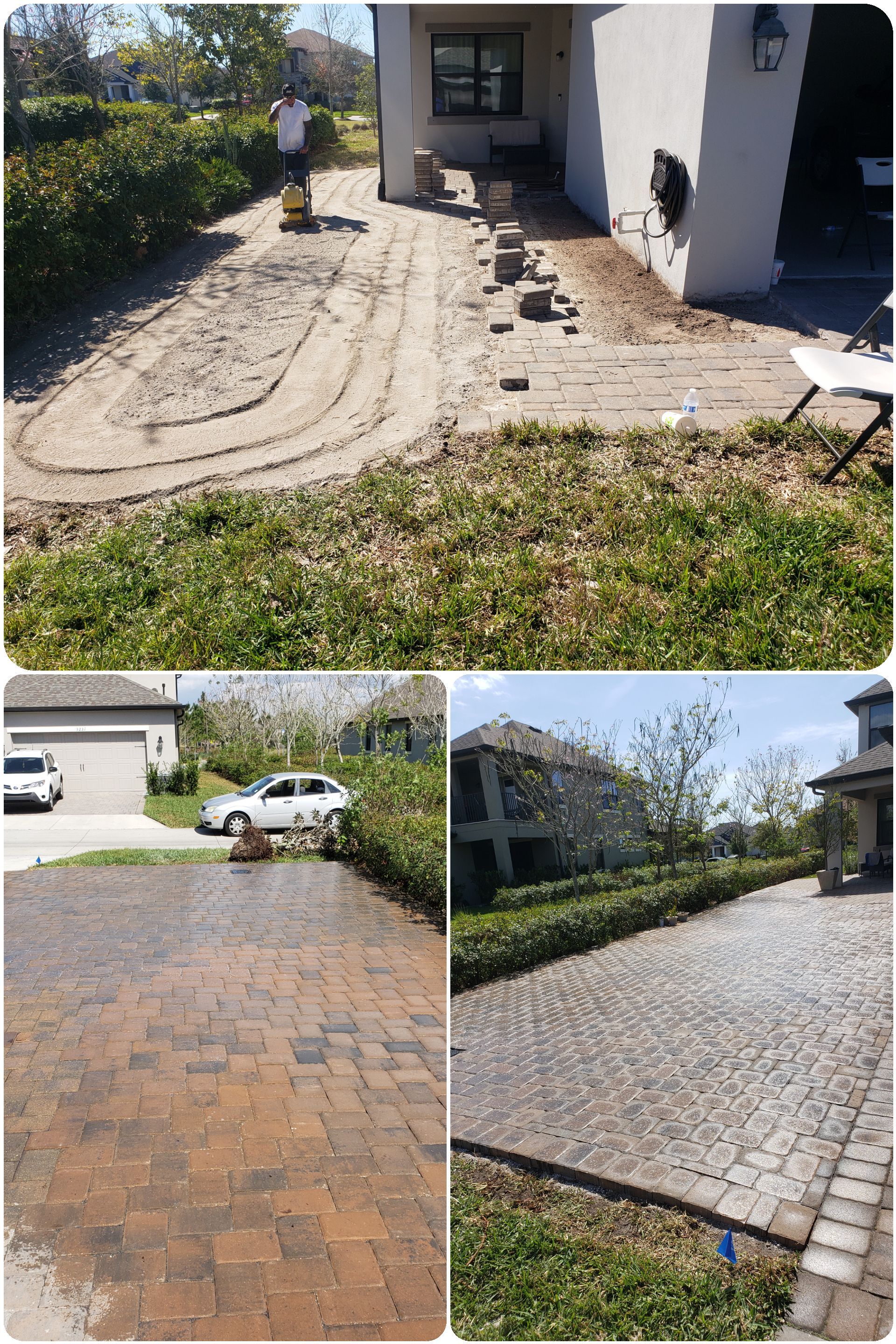 A three-part image showing the installation process of a stone paver driveway, from base preparation to final completion.