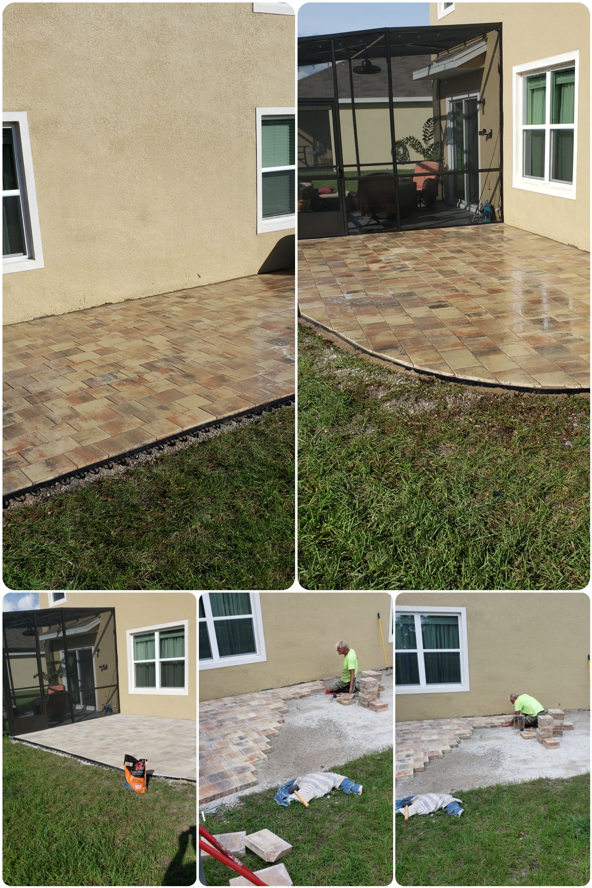 A collage showing the process of cleaning, sealing, and restoring a residential paver patio next to a house.