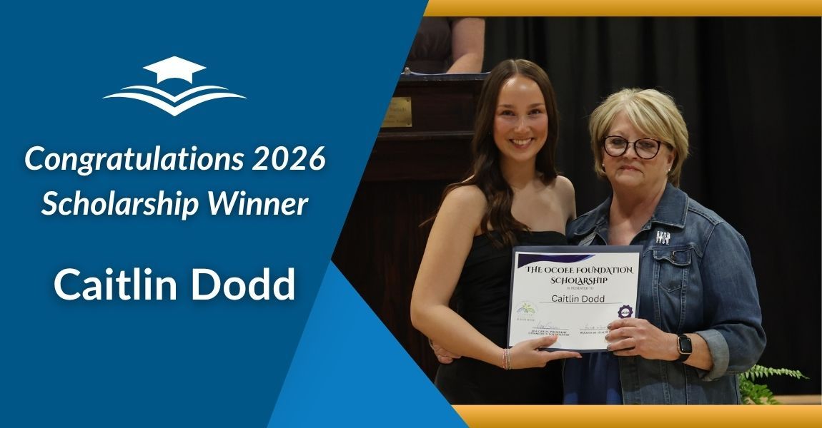 2026 Scholarship Winner Caitlin Dodd with award certificate on blue background