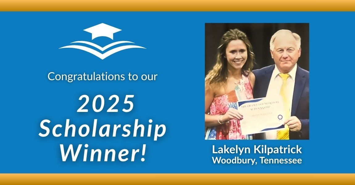 2025 scholarship winner announcement with a woman holding a certificate beside an older man on a blue background