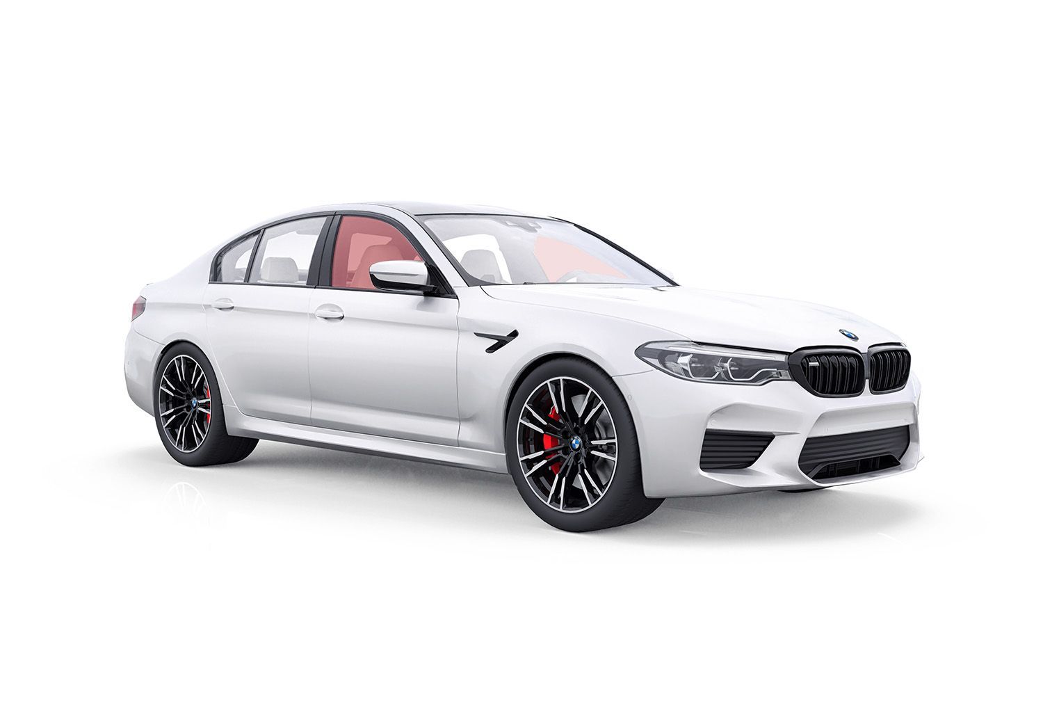 White BMW M5 sedan, black wheels, red brake calipers.
