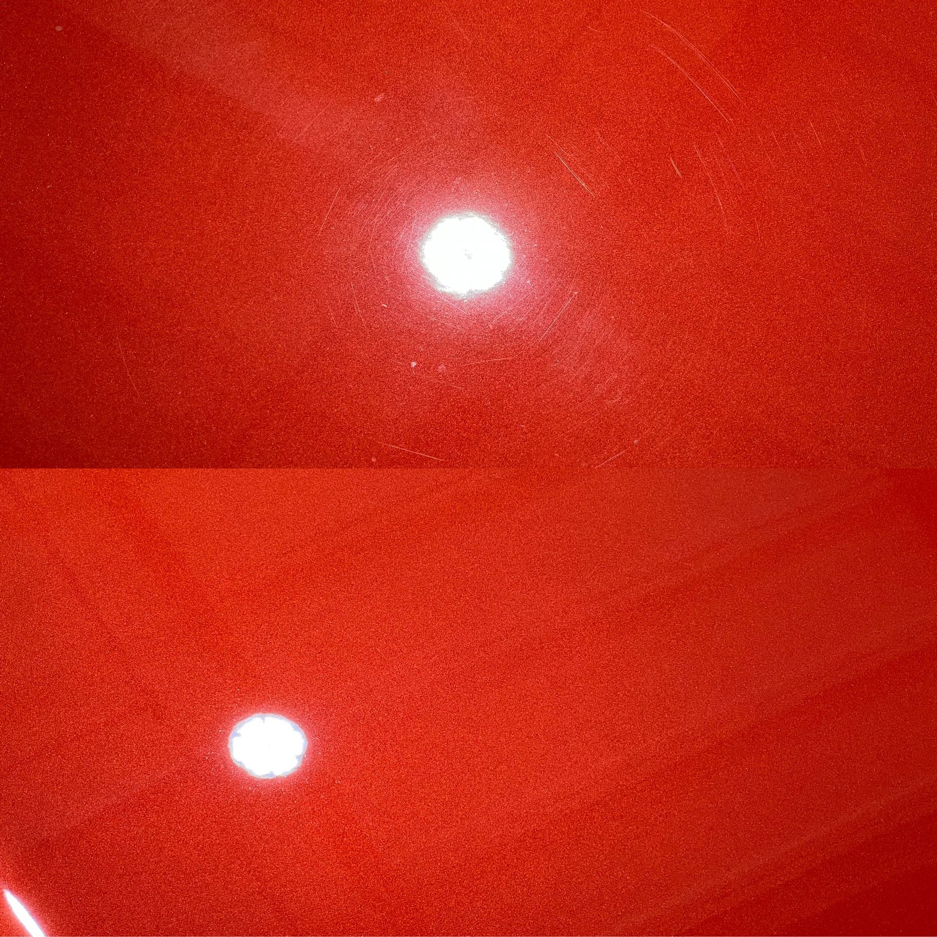 Red car paint close-up before and after polishing, showing scratch and gloss improvement.