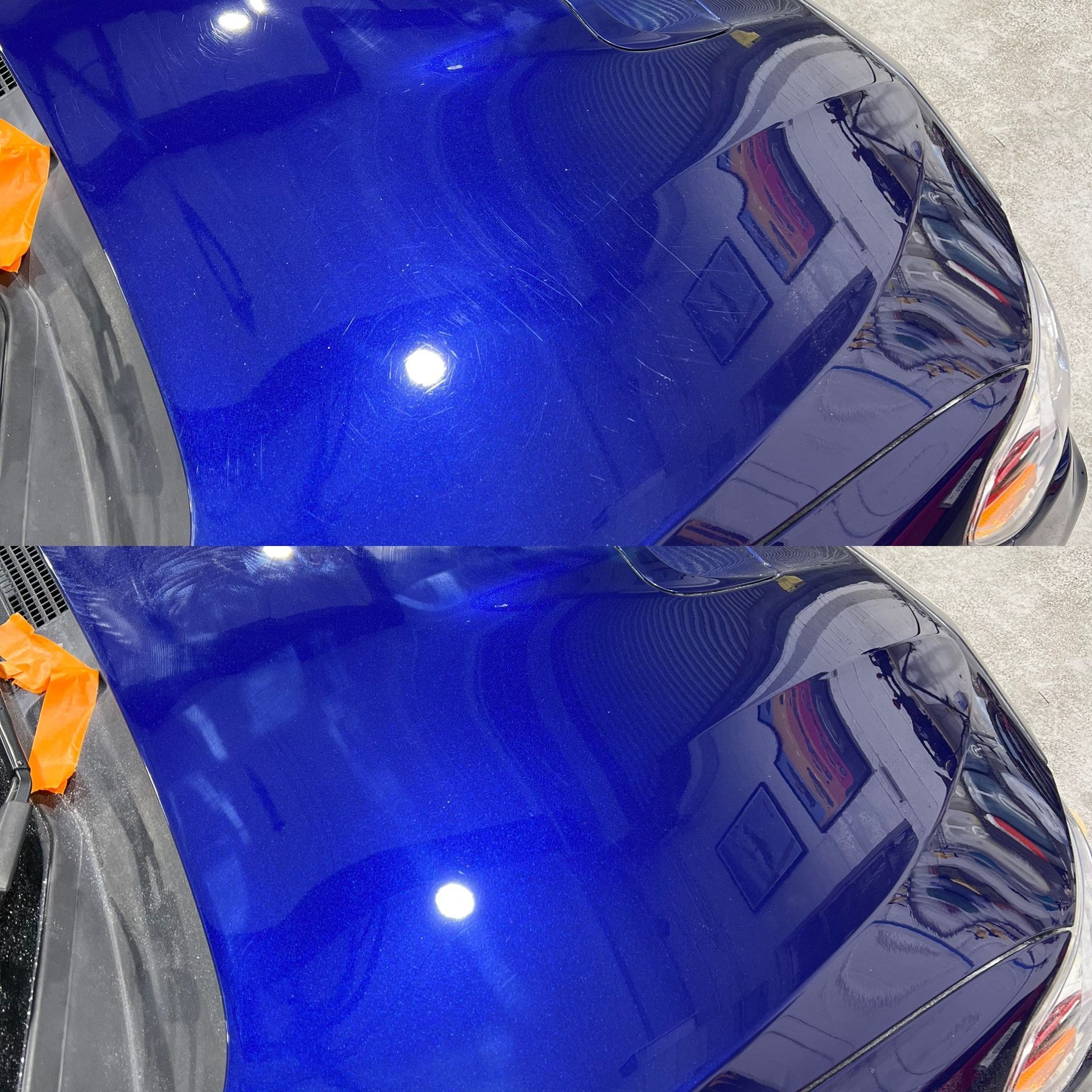 Side-by-side view: blue car hood before and after scratch removal, reflecting light and surroundings.