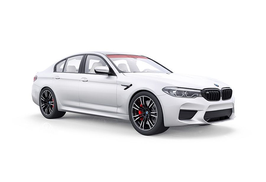 White BMW M5 sedan, black wheels, red brake calipers, parked on a white background.