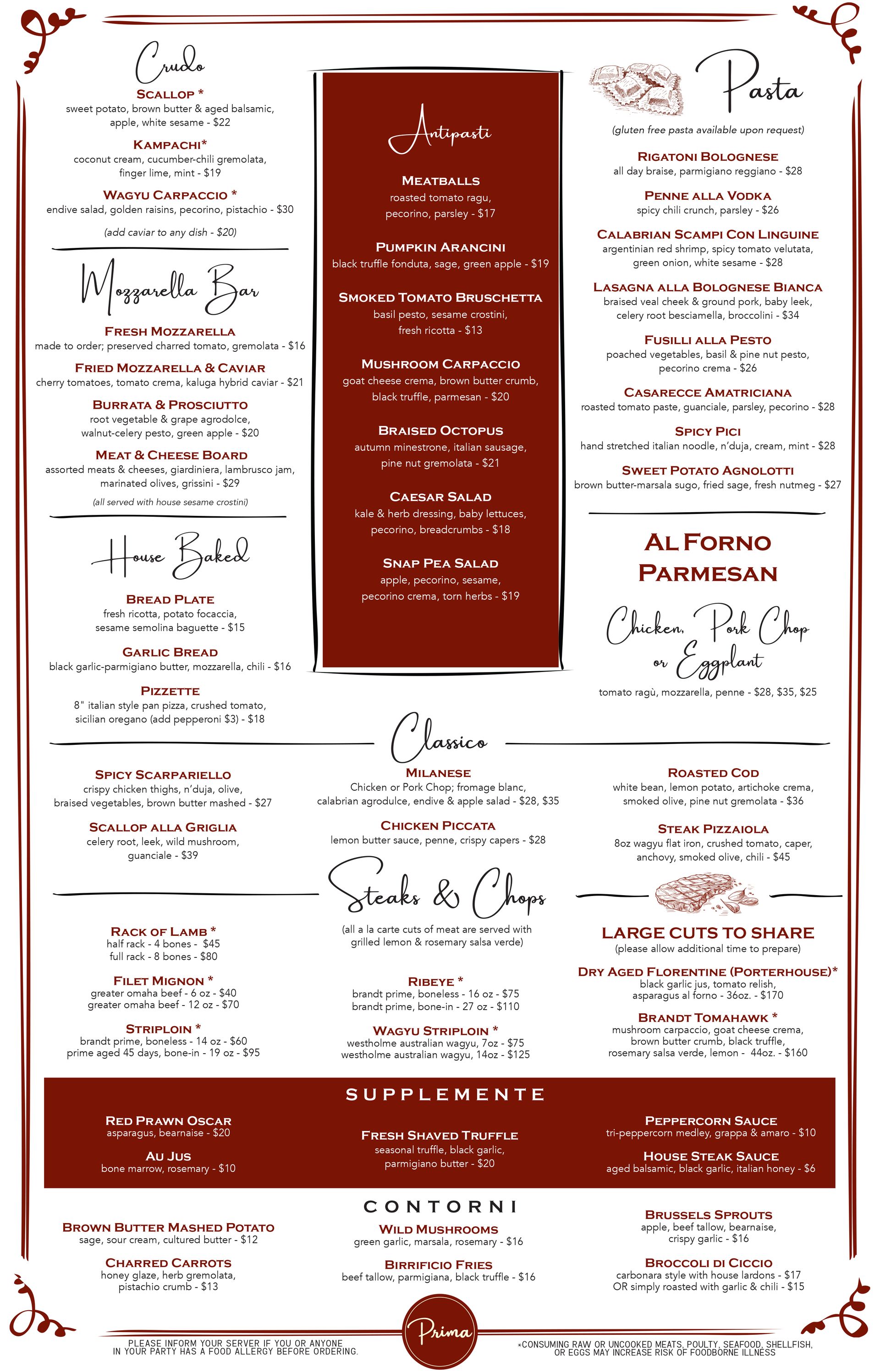 Prima Boston dinner menu featuring Italian dishes, house-made pasta, steaks and chops