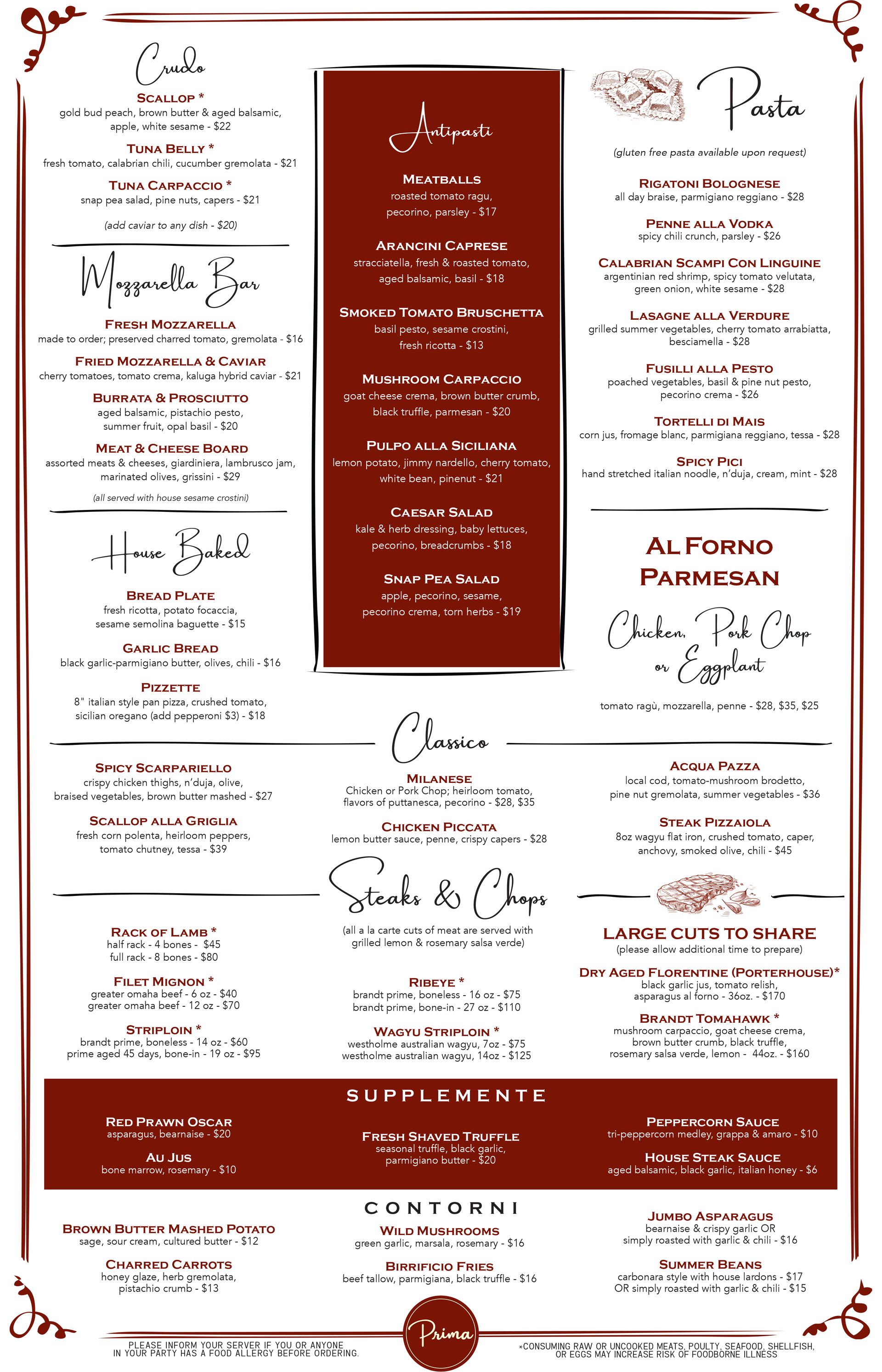 Prima Boston dinner menu featuring Italian pasta, steaks, seafood, mozzarella and classic entrees
