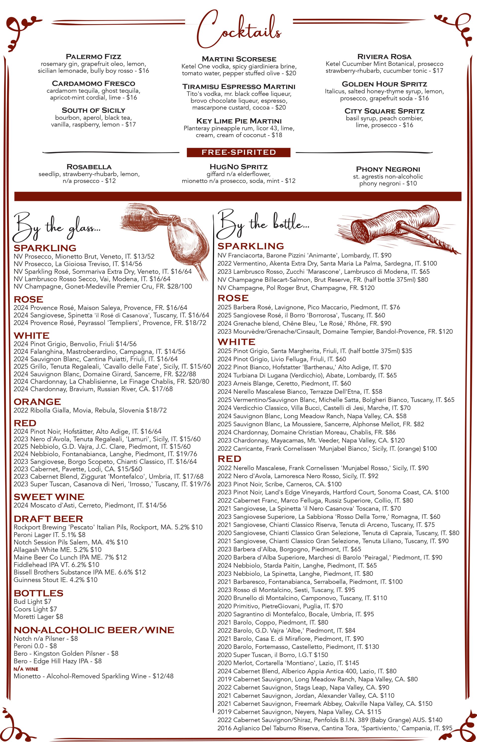 Prima Boston cocktail and wine menu featuring signature cocktails, wine, beer and non-alcoholic drinks