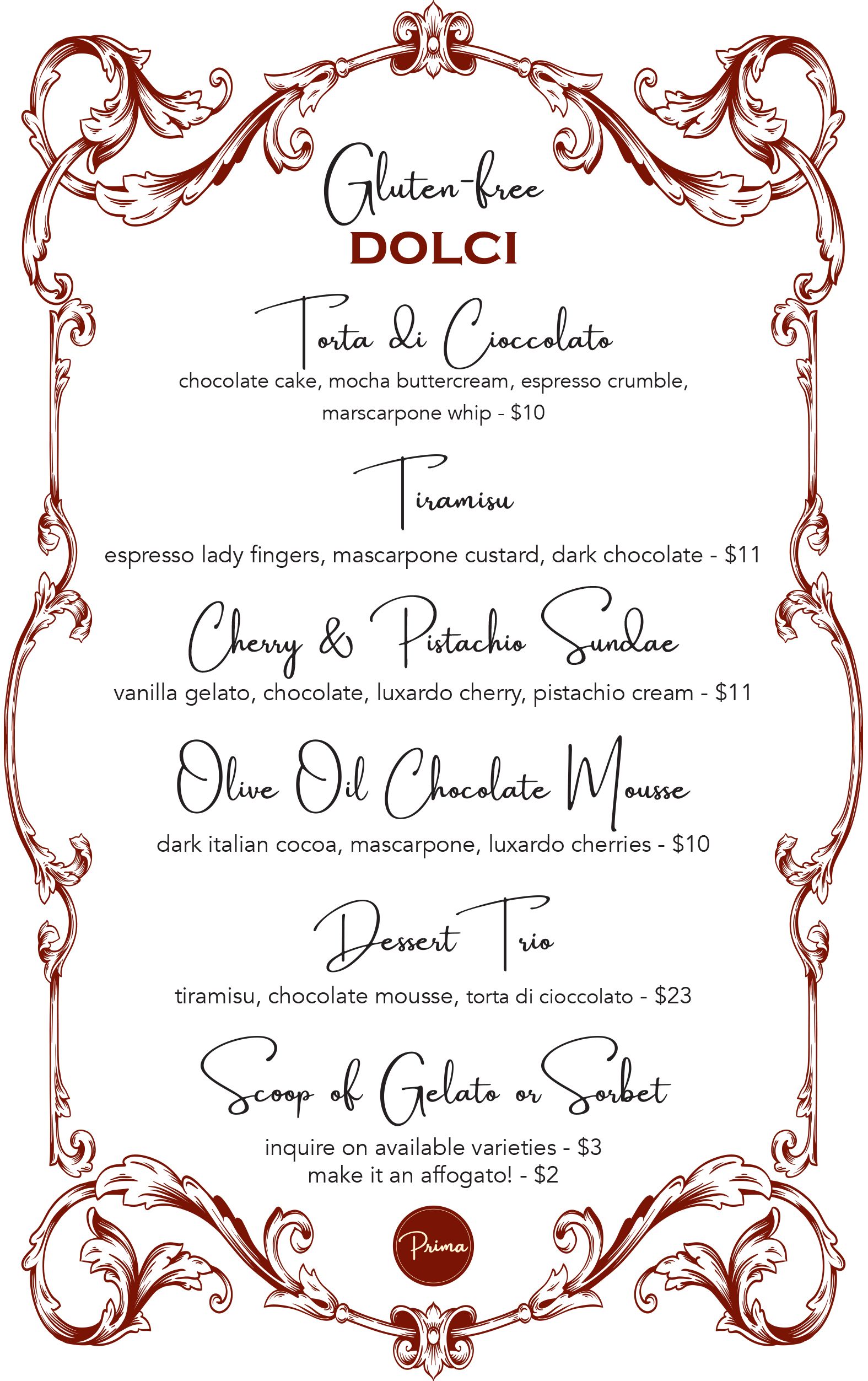 Prima Boston dessert menu featuring Italian-inspired desserts in Charlestown