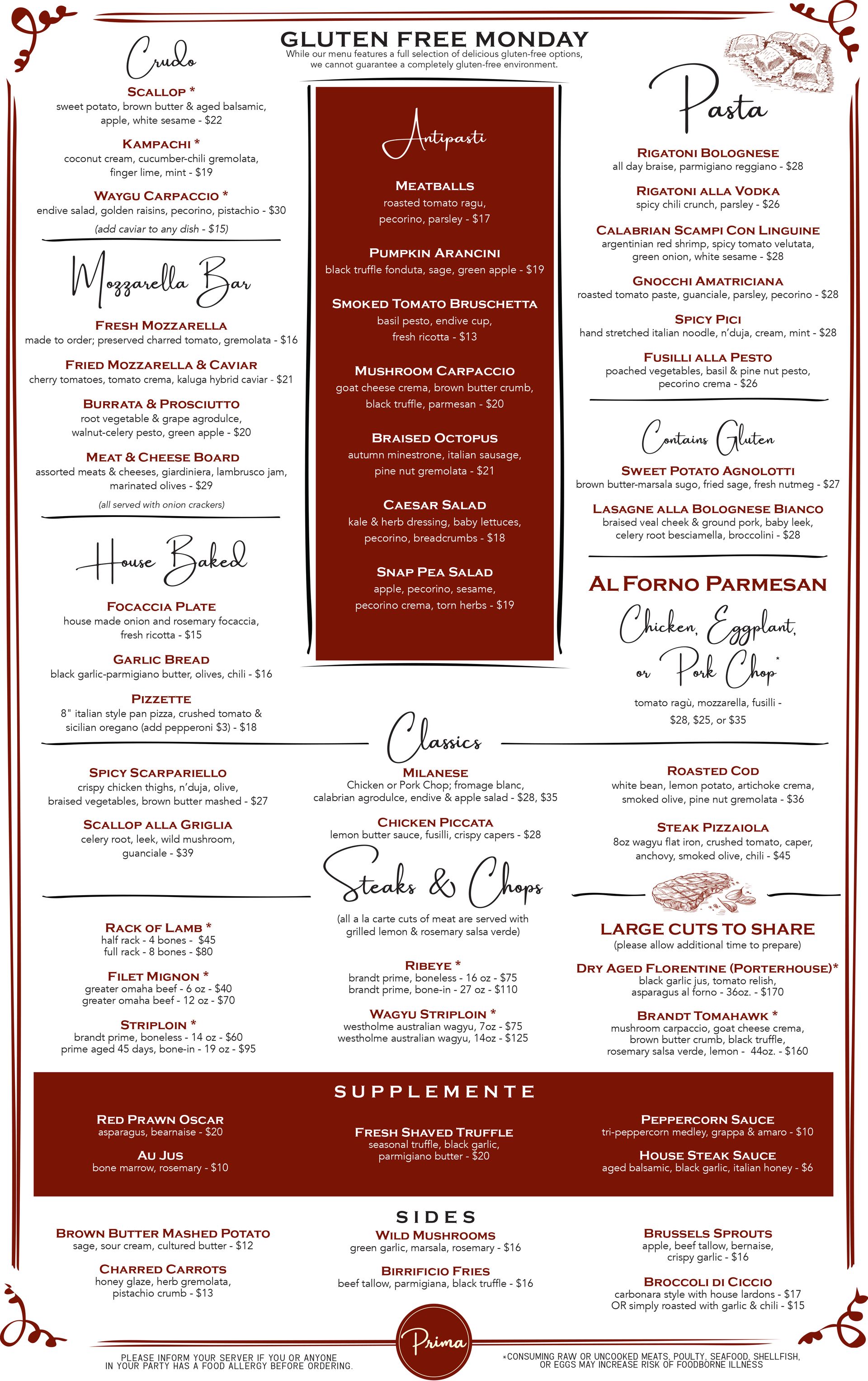 Prima Boston Gluten-Free Monday food menu in Charlestown