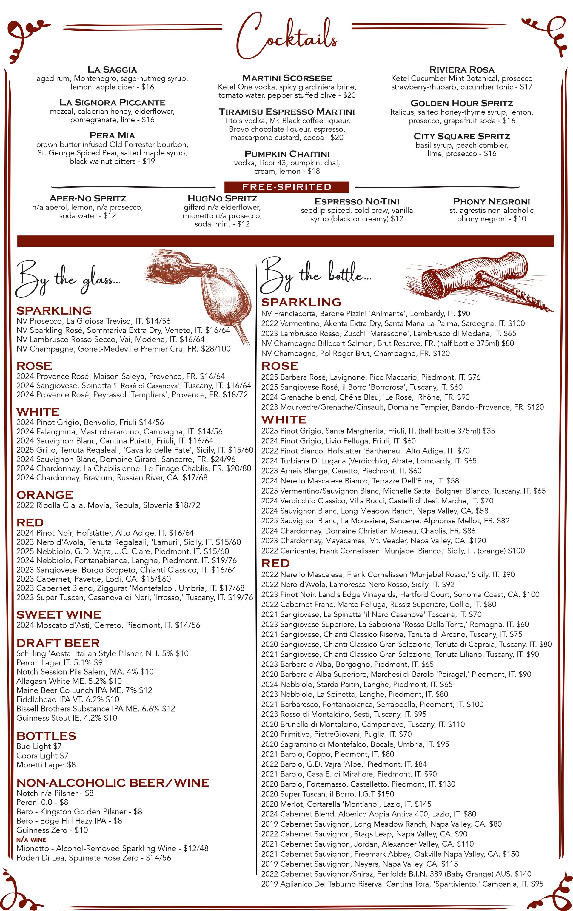 Prima Boston Gluten-Free Monday drinks and cocktail menu in Charlestown