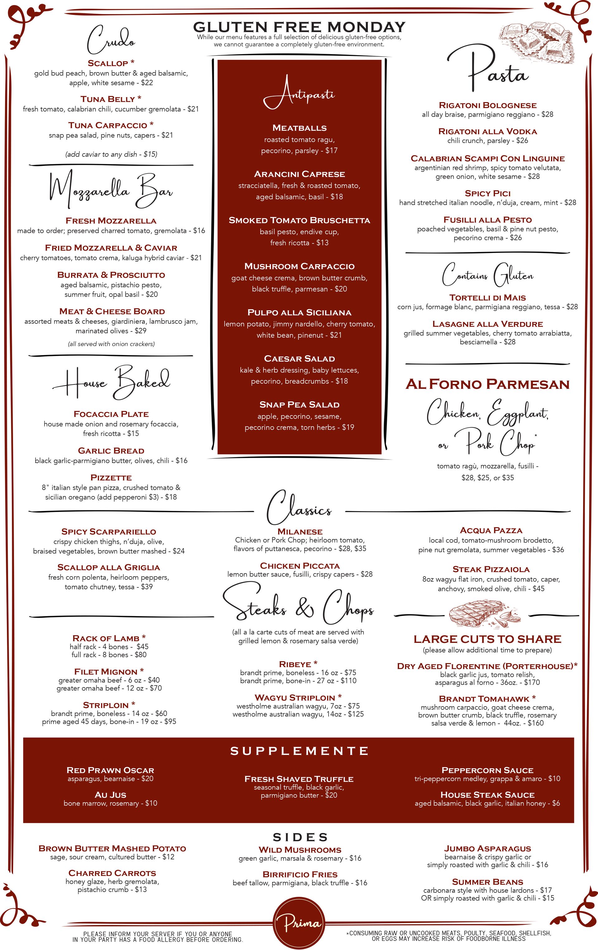 Prima Boston Gluten-Free Monday food menu in Charlestown