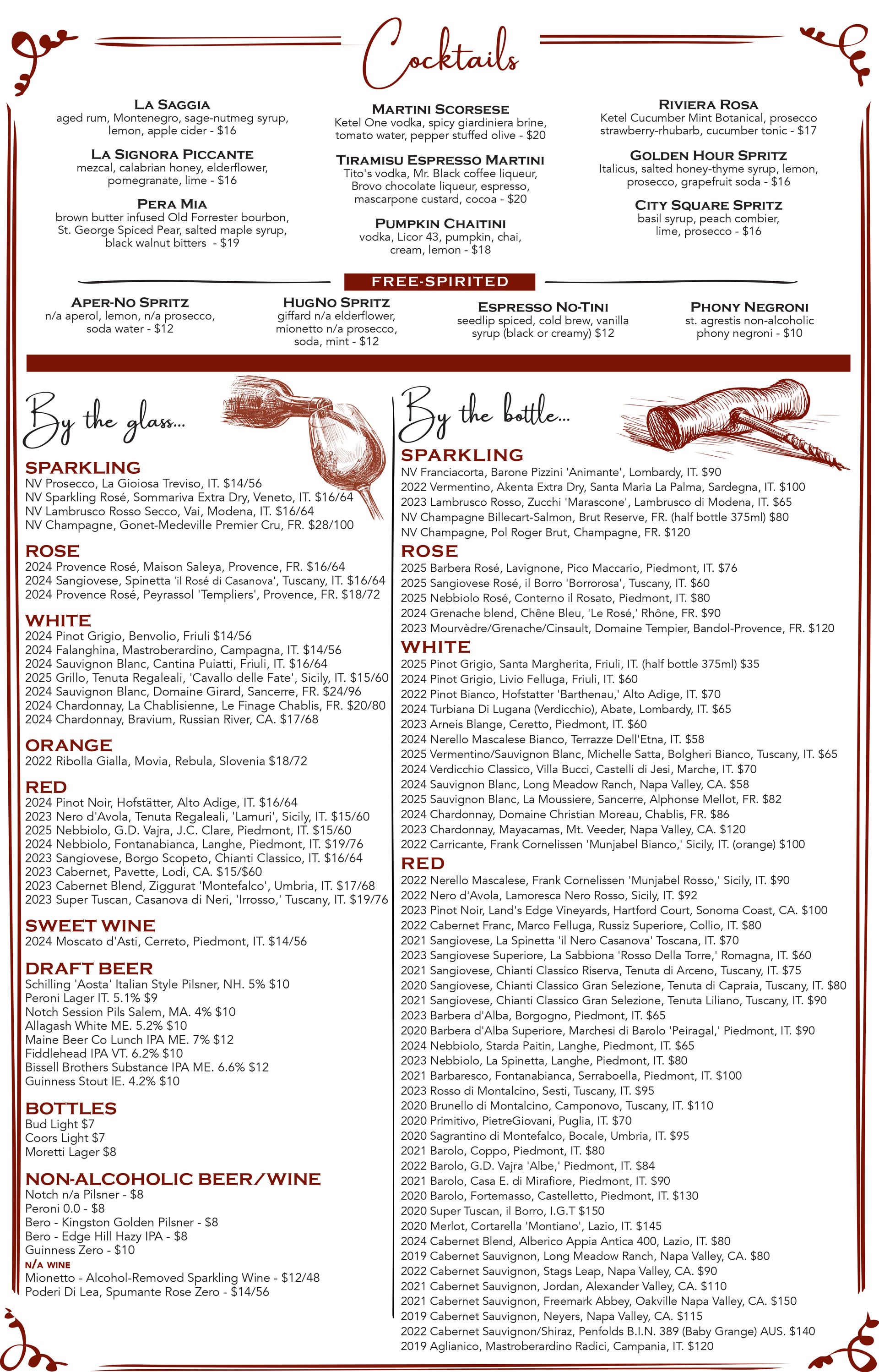 Prima Boston Friday lunch drinks menu featuring signature cocktails, wine, beer and non-alcoholic options