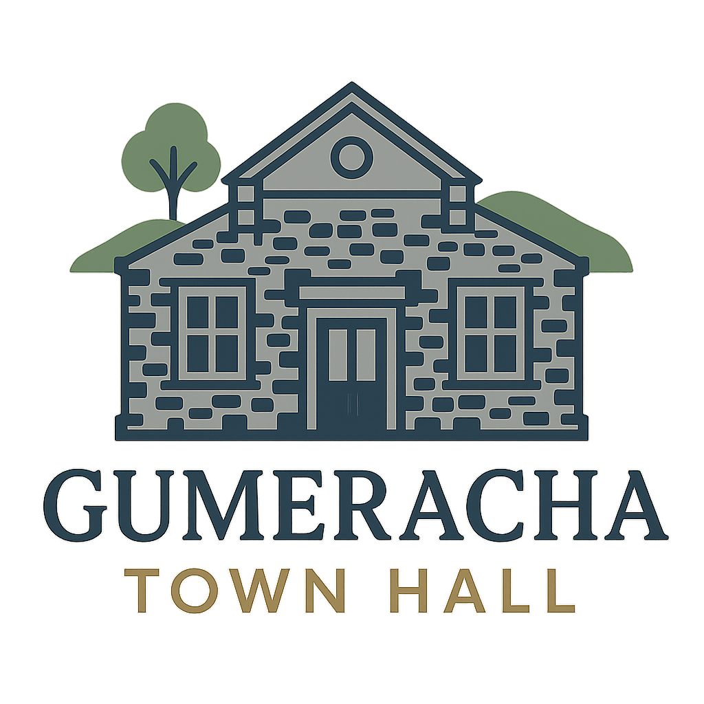 Gumeracha Town Hall logo: stone building, two windows, door, tree, green hills, text