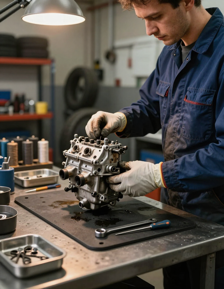 Mecánico inspeccionando un carburador en un taller automotriz