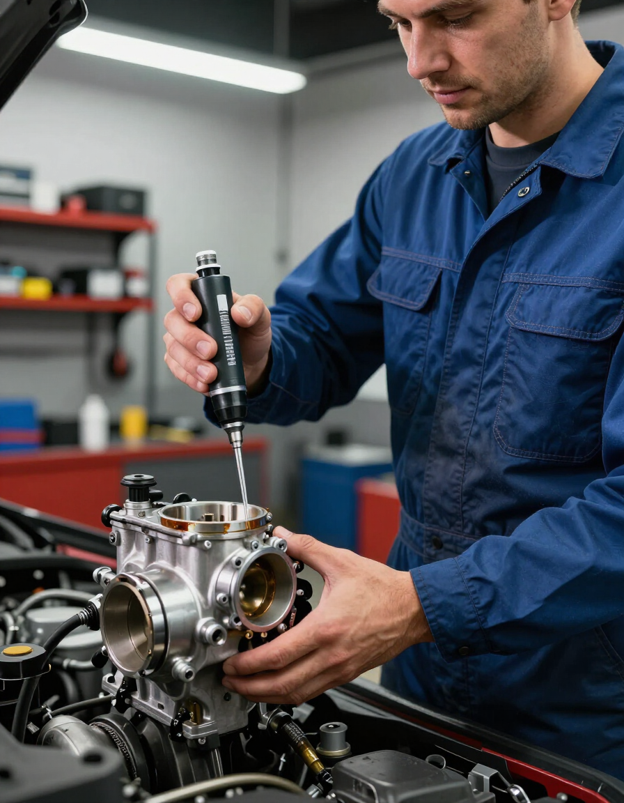 Técnico con mono azul reparando el motor de un coche con un destornillador en un taller.