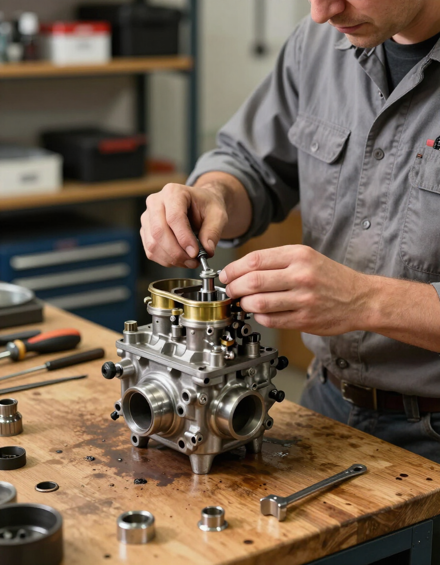 Mecánico reparando un motor de metal en un banco de trabajo de madera con herramientas cerca.