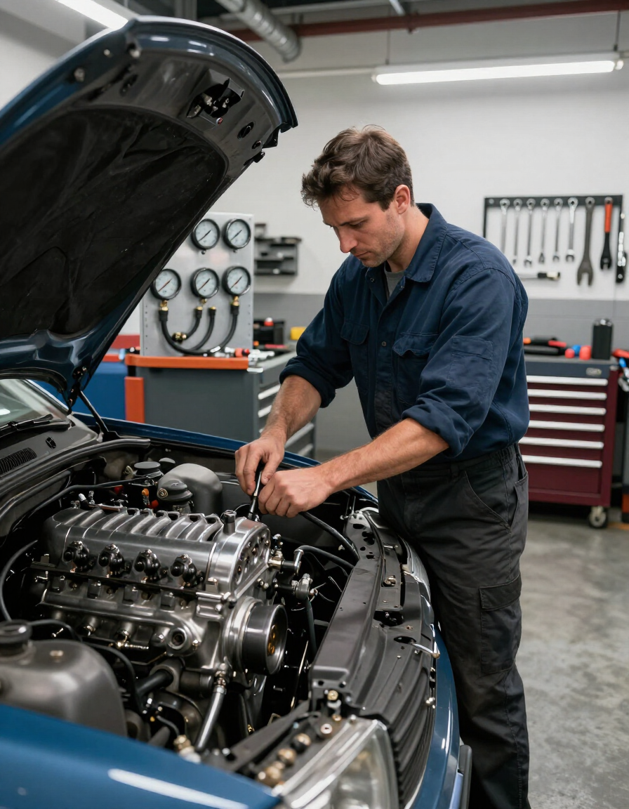 Mecánico ajustando un carburador en un taller automotriz