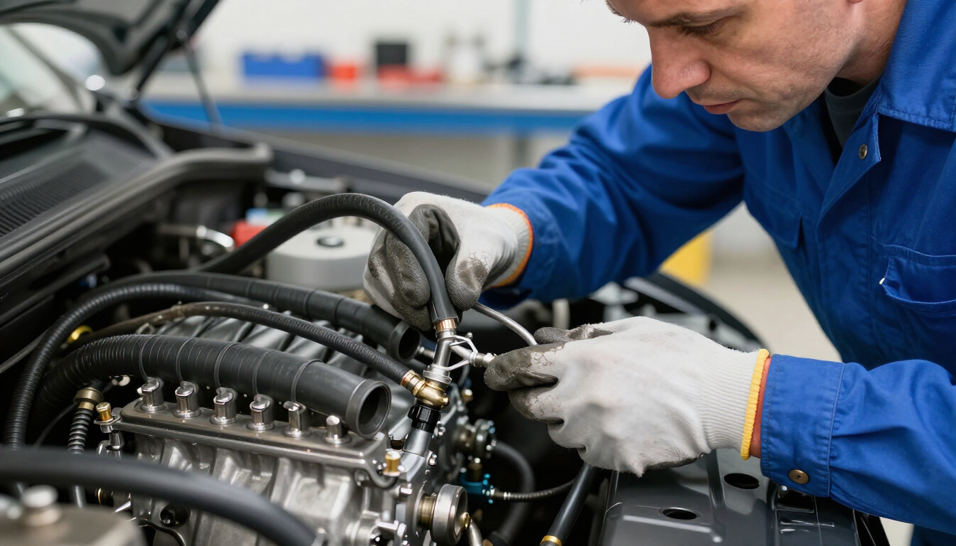 Mecánico con mono azul inspeccionando un motor con una llave inglesa en un taller.