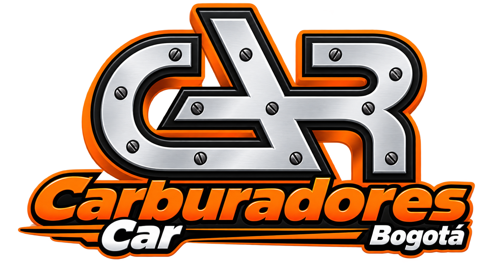 Logotipo de Carburadores Car Bogotá en naranja, negro y plateado con letras metálicas estilizadas.