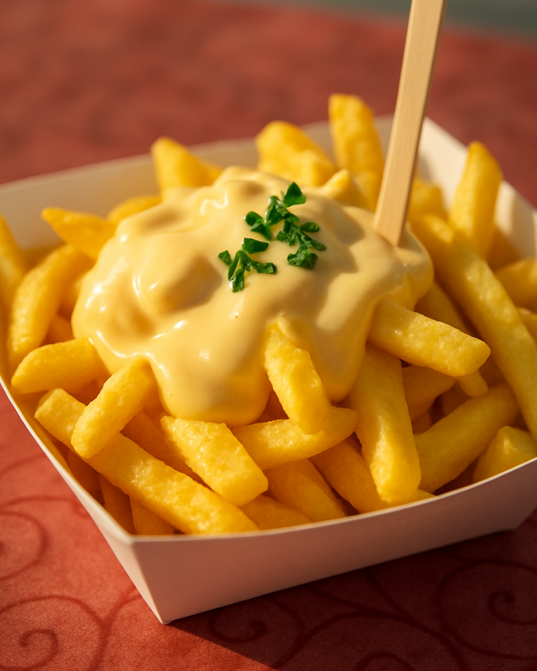 Frites dans un récipient blanc, nappées de sauce au fromage jaune et garnies d'une branche de verdure.