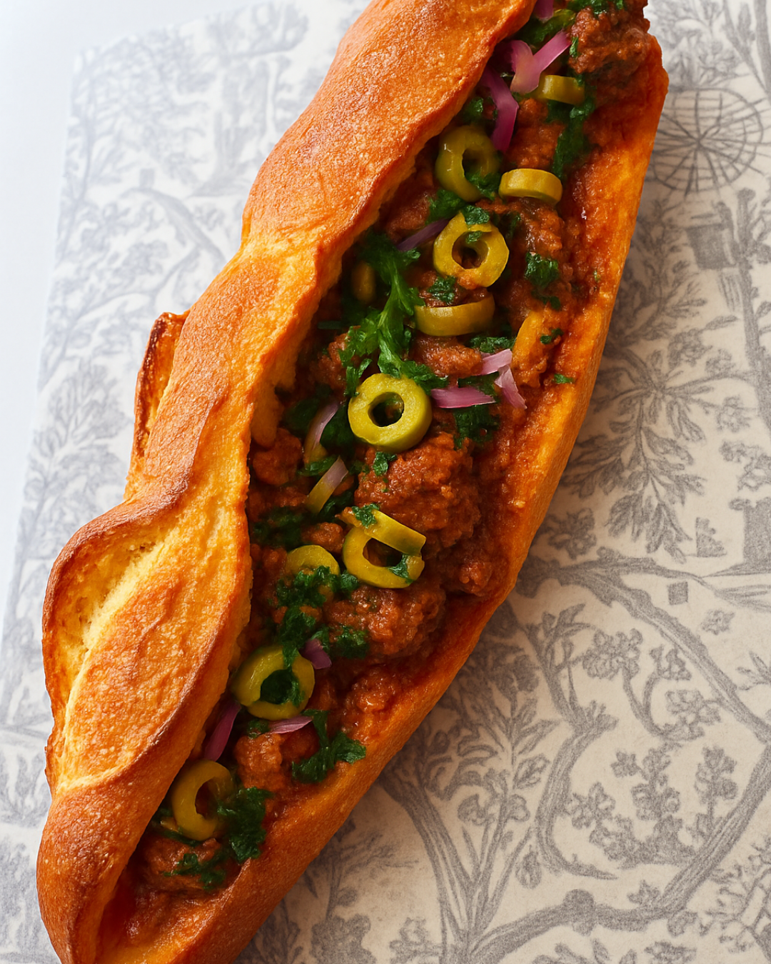 Sandwich sous-marin garni d'olives, d'oignons rouges et de sauce, servi sur du papier à motifs.