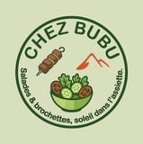 Logo du restaurant Chez Bubu : cercle vert avec du texte, un kebab, une salade et une montagne.