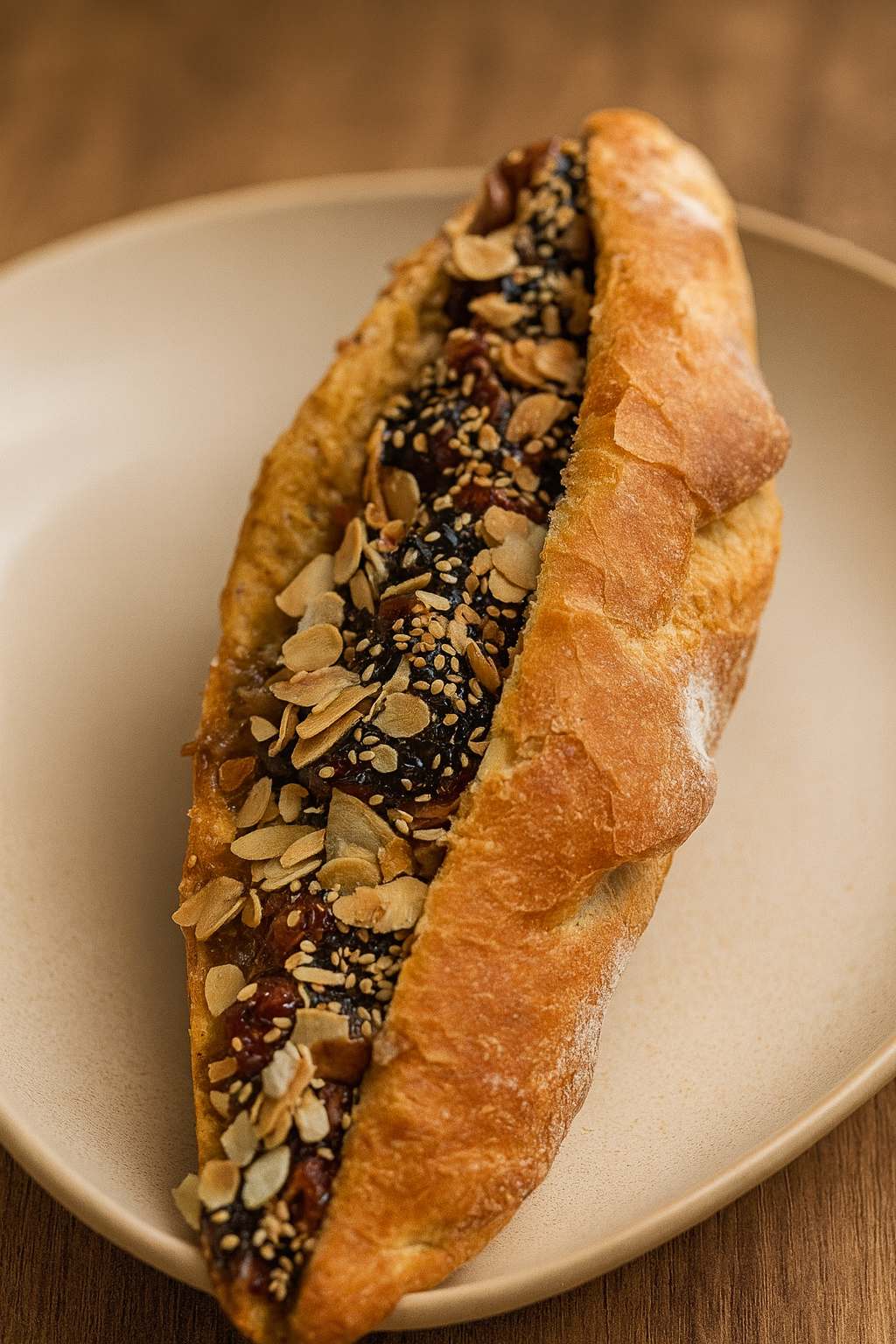 Petit pain fourré d'une garniture foncée et texturée, garni d'amandes effilées, sur une assiette beige.