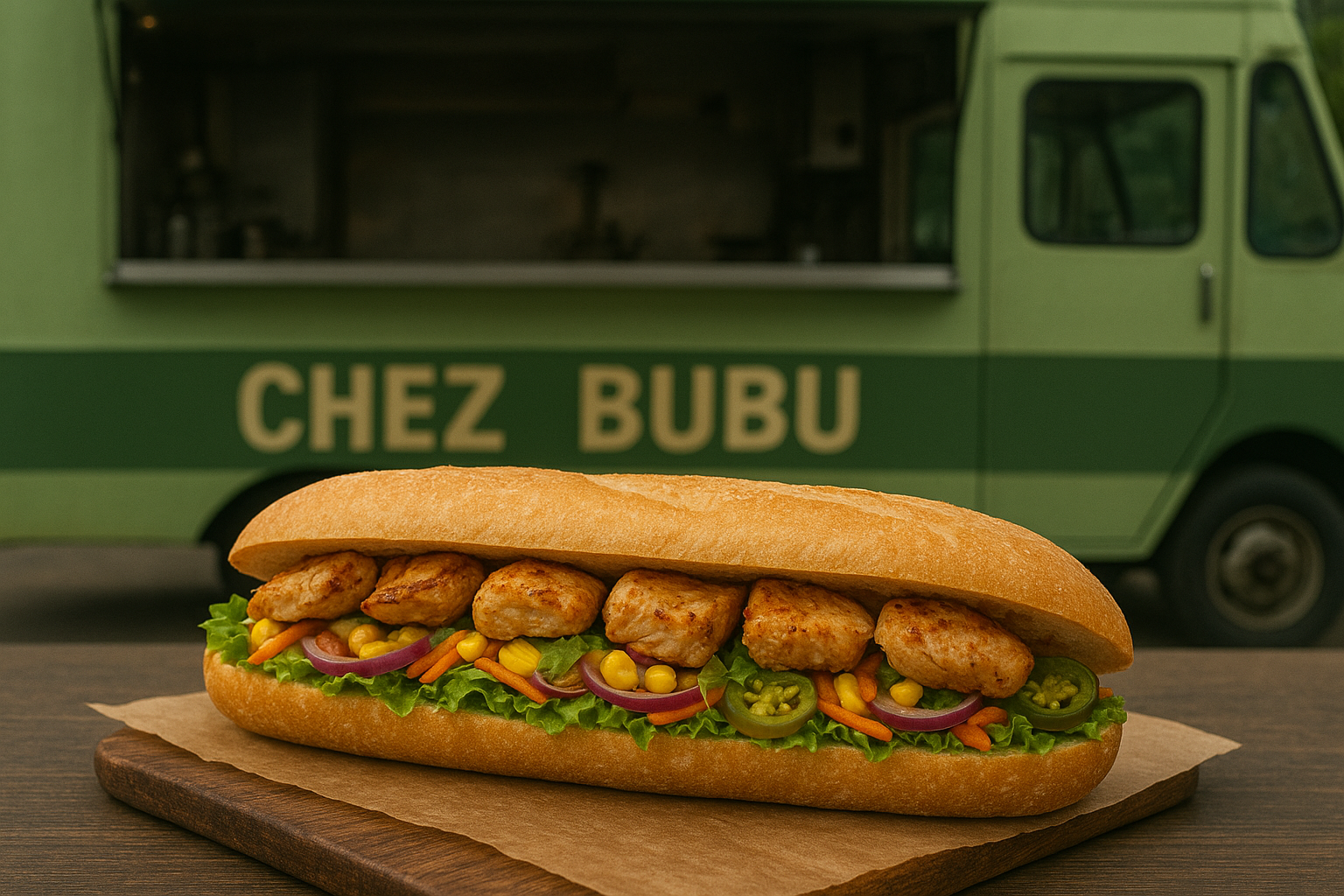 Un sandwich sous-marin au poulet et aux légumes sur une planche en bois devant un camion-restaurant vert portant l'inscription « Chez Bubu ».