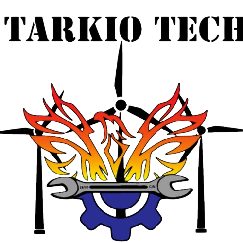 Tarkio Tech logo with red-orange flames, wrench, and blue gear over a black windmill-like symbol