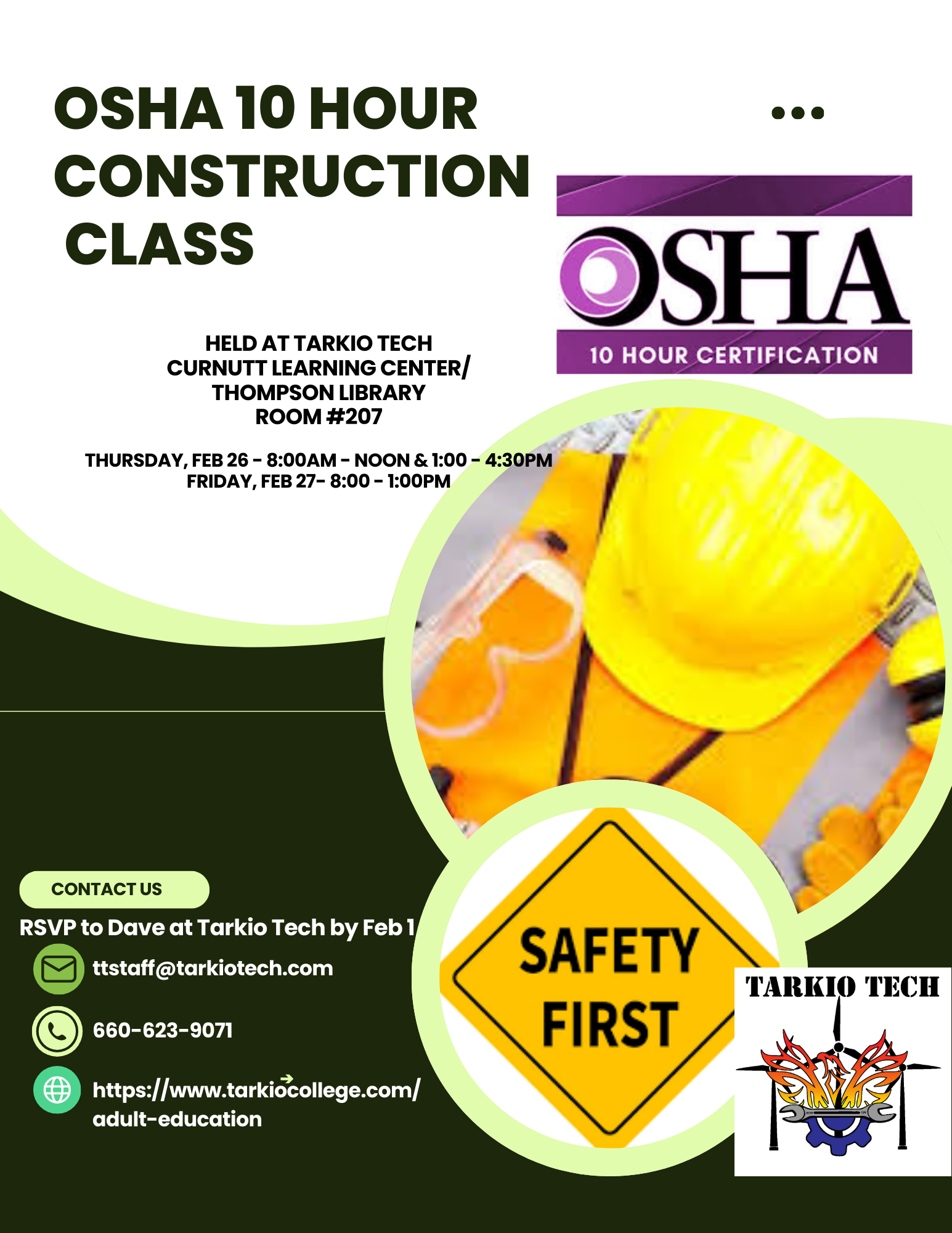 Flyer for OSHA 10-hour construction class. Yellow hard hat and safety glasses on yellow background. Includes contact info.