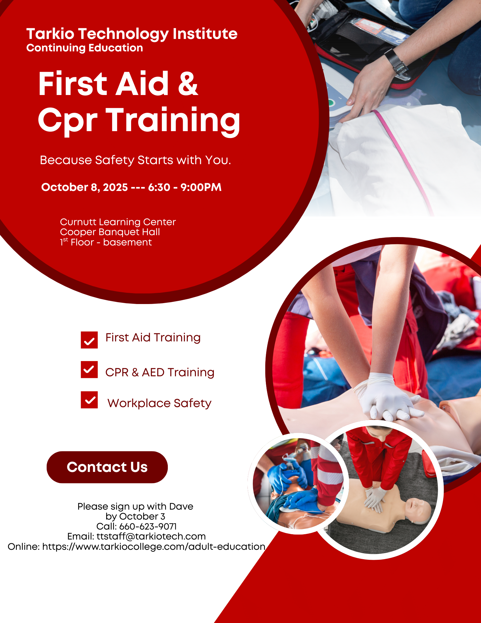 Flyer for Tarkio Technology Institute's First Aid & CPR training. Red and white design with training images.