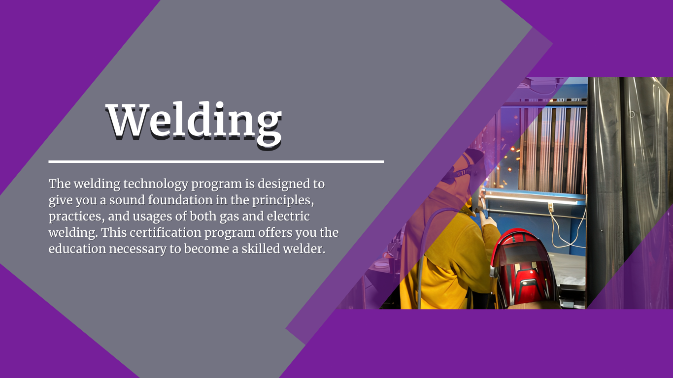 Welding training slide with workers in helmets and a welding scene on a purple background